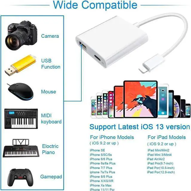 Alt view image 6 of 7 - Lightning to USB3 Camera Adapter with Charging Port Lightning Female USB OTG Cable Adapter for Select iPhone iPad Models Support Connect Camera Card Reader USB Flash Drive MIDI Keyboard (WHITE)