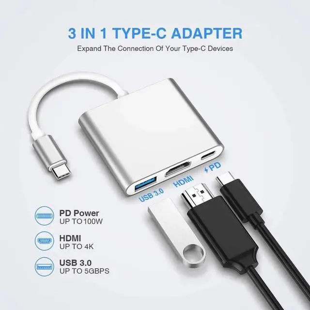 Alt view image 4 of 6 - JAENFONG USB-C to HDMI Adapter 4K USB Hub with 100W PD Charging USB-A 3.0 Port Multiport Adapter for MacBook Chromebook iPad Surface TV Monitor and More