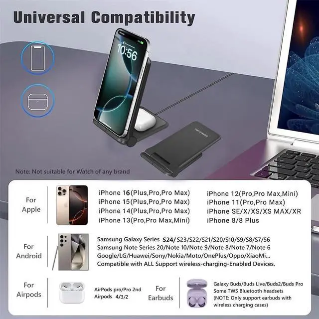 Alt view image 2 of 7 - 2 in 1 Wireless Charger Foldable 20W Fast Wireless Charging Stand Compatible with iPhone 16/16 Pro/15/14/13/12/X/AirPods Dual Phone Induction Charge Station for Pixel Xperia LG(No Plug)