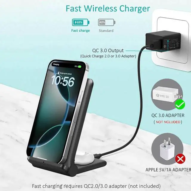Alt view image 3 of 7 - 2 in 1 Wireless Charger Foldable 20W Fast Wireless Charging Stand Compatible with iPhone 16/16 Pro/15/14/13/12/X/AirPods Dual Phone Induction Charge Station for Pixel Xperia LG(No Plug)