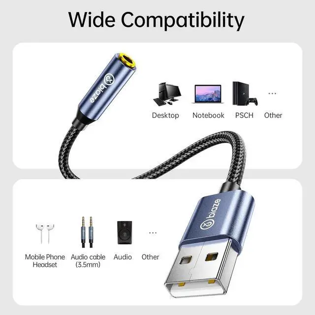 Alt view image 2 of 6 - JAENFONG USB to 3.5mm Jack Audio Adapter External Stereo Sound Card USB-A to Audio Jack Adapter with Auxiliary Stereo Converter Compatible with Desktop Laptop Mac Linux and More!