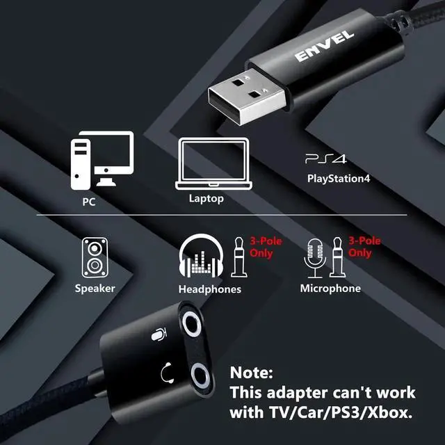 Alt view image 6 of 7 - USB to 3.5mm Audio Adapter External Stereo Sound Card with Dual TRS 3-Pole 3.5mm Headphone and Microphone Jack for PS4/PS5/PC/Laptop Built-in Chip Mic-Supported Headphone Adapter (Black Pro)