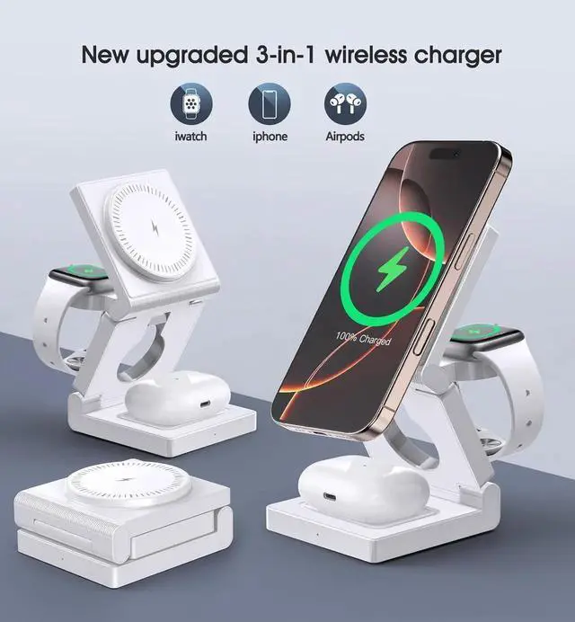Alt view image 7 of 7 - 3 in 1 Wireless Charging Station for Multple Devices - Foldable Magnetic Wireless Charger Dock -Travel 18W Charging Pad for iPhone 16 15 14 13 12 Pro/Pro Max/Plus/Watch & Airpods All Series