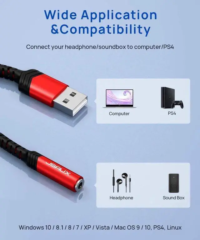 Alt view image 3 of 7 - JAENFONG USB to 3.5mm Jack Audio AdapterUSB to Audio Jack Adapter Headset TRRS 4-Pole Female External Stereo Sound Card for Headphone Mac PS4 PC Laptop Desktops and More -Grey/0.6FT