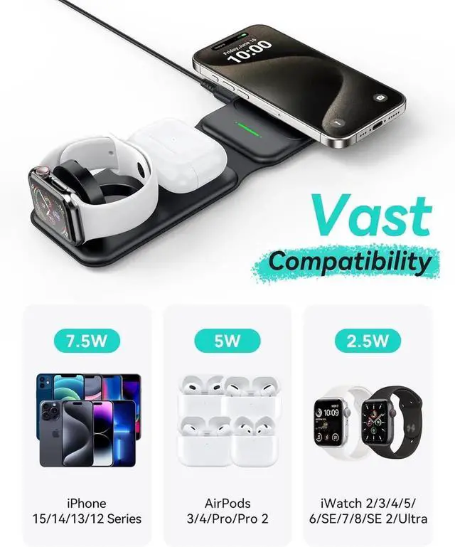 Alt view image 2 of 7 - 3 in 1 Charging Station Multiple Devices for 15W Magnetic Foldable Travel Wireless Charger for iPhone 16 pro max 15 14 13 12 Series iWatch 10 9 8 SE/Ultra Series AirPods 4 3 2 pro