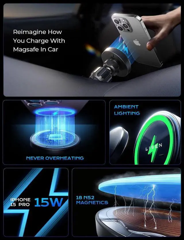 Alt view image 4 of 7 - for 15W MagSafe Car Mount Charger Magnetic Wireless Car Charger for iPhone 16 Pro Max Accessories Magnetic Phone Holder for 17 iPhone 16e 15 14 13 12 S24/24 with MagSafe