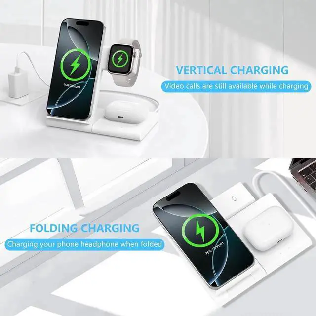 Alt view image 7 of 7 - Charging Station for Multiple Devices Foldable 3 in 1 Wireless Charger for iPhone 16 15 14 13 12 Pro Max Plus Watch 10/9/Ultra/8/7/6/5/4/3/2/SE & AirPods 4/3/2/Pro