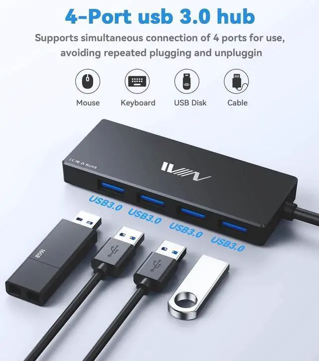 Alt view image 6 of 7 - JAENFONUSB 3.0 Hub 4 Port USB Splitter Extender Portable Adapter Multiport Data Hub for Laptop Xbox Flash Drive HDD Console Camera Keyborad Mouse Windows Mac OS PC Not Designed to Charge Devices-Black