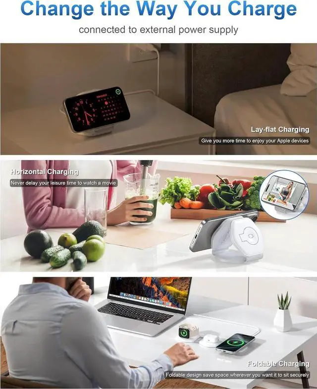 Alt view image 3 of 7 - 3 in 1 Wireless Charging Station for Multiple Devices Foldable Magnetic Fast Travel Charger Compatible with MagSafe iPhone 16 15 14 13 12 Watch & AirPod Gift for Women