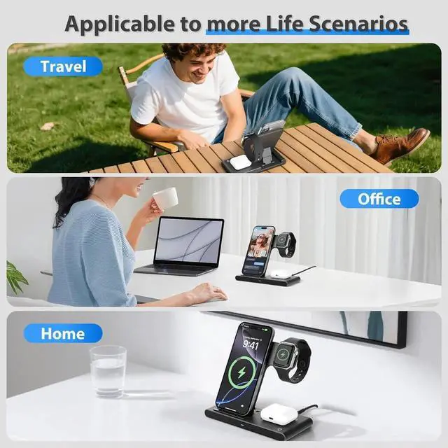 Alt view image 2 of 7 - Portable Wireless Fast Charger 3in1 for iPhone 16e 16 15 14 13 12 11 Pro Max for Watch 10-2 Ultra Se Charging Station for 4 3 2 - Office Home Travel Nightstand Gifts for Family Black