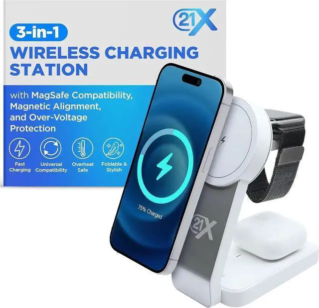 Main image of 3-in-1 Wireless Charging Station for Devices Magnetic Foldable Fast Charger for iPhone Watch & AirPods with Stand Travel-Friendly Multiple Device Charging Dock
