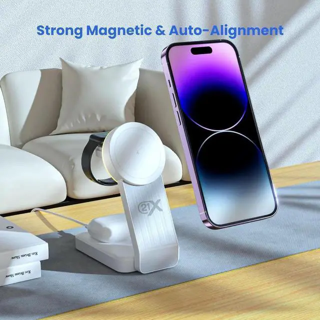 Alt view image 2 of 7 - 3-in-1 Wireless Charging Station for Devices Magnetic Foldable Fast Charger for iPhone Watch & AirPods with Stand Travel-Friendly Multiple Device Charging Dock