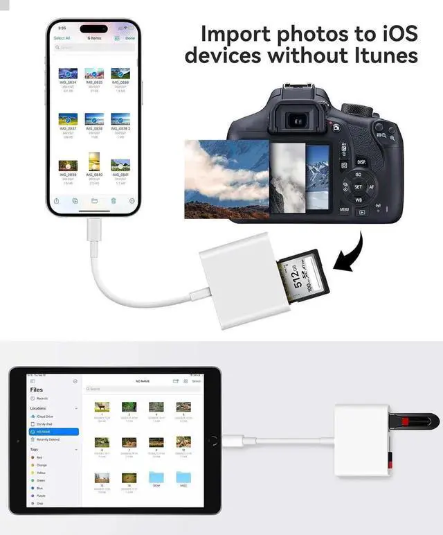 Alt view image 2 of 7 - JAENFONG SD Card Reader for iPhone iPad Built-in Lightening & USB-C Dual Connectors Card Adapter with SD MicroSD USB-A 3 Slots Trail Camera Memory Card Viewer Portable No App Required Plug and Play