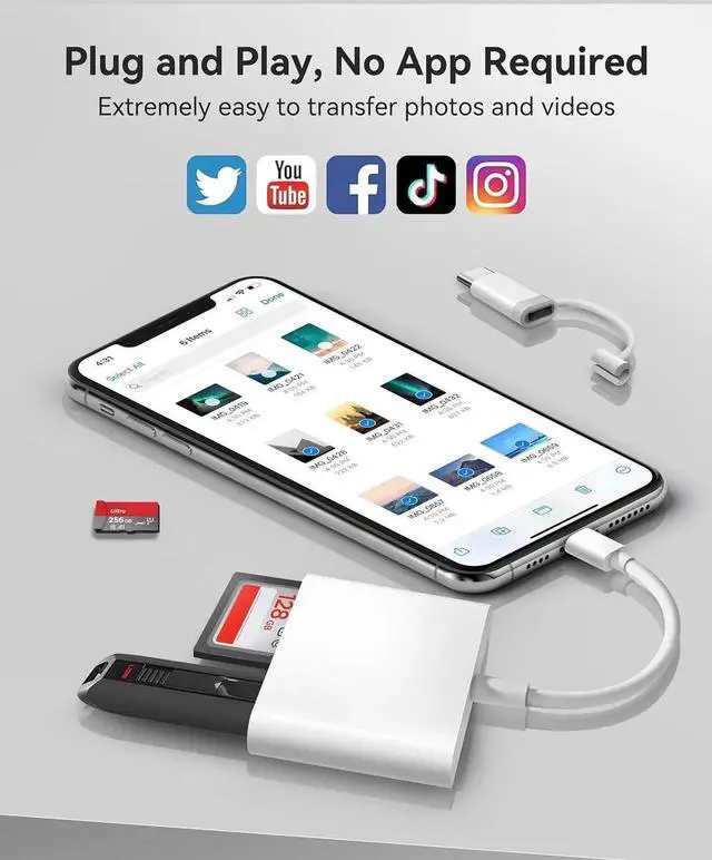 Alt view image 4 of 7 - JAENFONG SD Card Reader for iPhone iPad Built-in Lightening & USB-C Dual Connectors Card Adapter with SD MicroSD USB-A 3 Slots Trail Camera Memory Card Viewer Portable No App Required Plug and Play