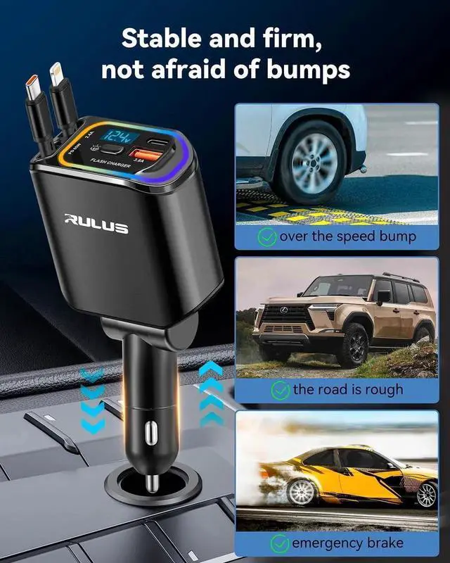 Alt view image 4 of 7 - Upgrade 4 in 1 Retractable Charger for Car PD 65W Fast Car Phone Charger with 2 Charging Cables and 2 USB Ports 12-24V Voltage Display for iPhone 16/15/14/ Galaxy/iPad/AirPods