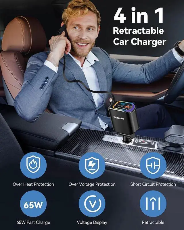 Alt view image 5 of 7 - Upgrade 4 in 1 Retractable Charger for Car PD 65W Fast Car Phone Charger with 2 Charging Cables and 2 USB Ports 12-24V Voltage Display for iPhone 16/15/14/ Galaxy/iPad/AirPods