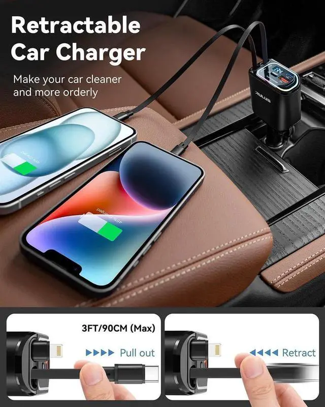 Alt view image 6 of 7 - Upgrade 4 in 1 Retractable Charger for Car PD 65W Fast Car Phone Charger with 2 Charging Cables and 2 USB Ports 12-24V Voltage Display for iPhone 16/15/14/ Galaxy/iPad/AirPods