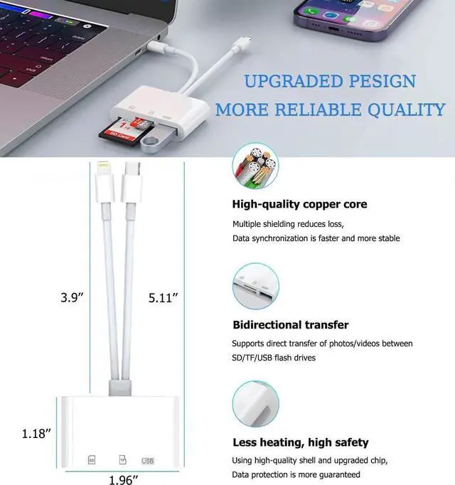 Alt view image 5 of 6 - JAENFONG SD Card Reader for iPhone iPad USB C and Lightning Dual Port SD Card Adapter Memory Card Reader for Camera Adapter Support SD Micro SD USB 3.0 No App Driver Required