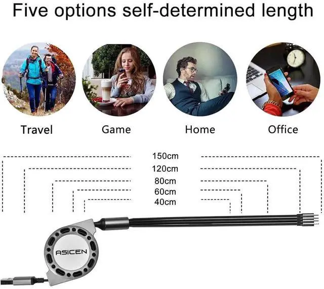 Alt view image 4 of 7 - 2Pack Multi Charging Cable 4 in 1 5Ft Retractable iPhone Charger Cable Multi Charging Cord Retractable USB Cable with iP/Type C/Micro USB Ports for iPhone16/15/14 Series/Cell Phones/Samasung & More