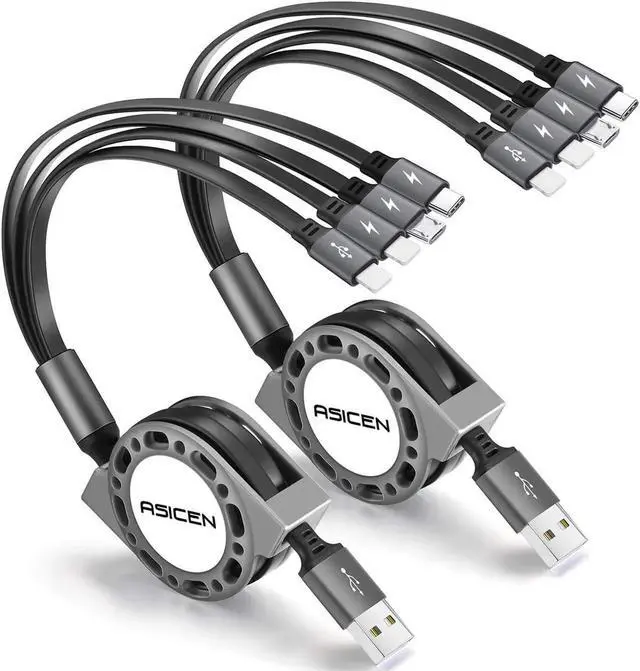 Main image of 2Pack Multi Charging Cable 4 in 1 5Ft Retractable iPhone Charger Cable Multi Charging Cord Retractable USB Cable with iP/Type C/Micro USB Ports for iPhone16/15/14 Series/Cell Phones/Samasung & More