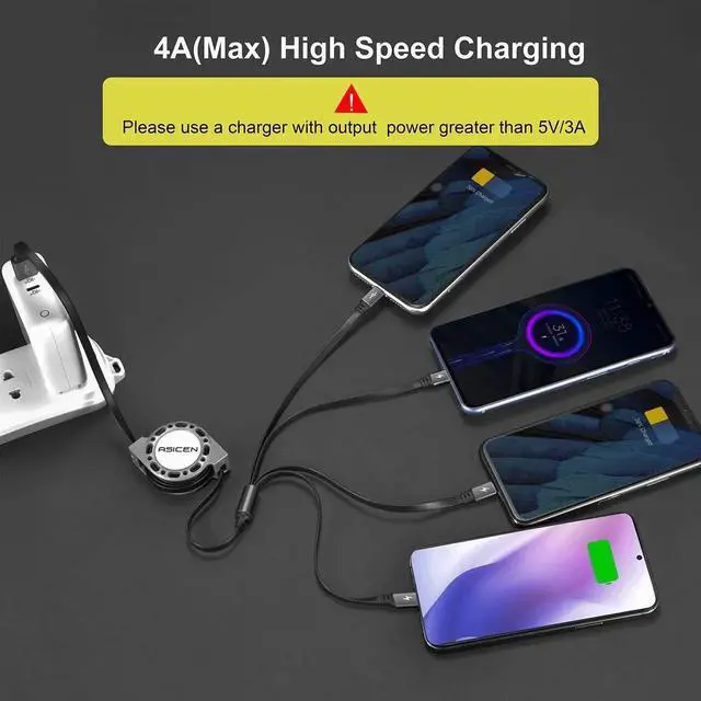 Alt view image 3 of 7 - 2Pack Multi Charging Cable 4 in 1 5Ft Retractable iPhone Charger Cable Multi Charging Cord Retractable USB Cable with iP/Type C/Micro USB Ports for iPhone16/15/14 Series/Cell Phones/Samasung & More