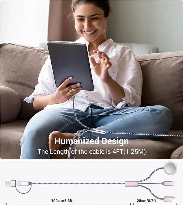 Alt view image 7 of 7 - JAENFONG for Travel Essentials 3 in 2 USB C Cable for Watch Charger/iPhone 16 Charger/Lightning Multi Charging Cable Cord Vacation Camping Essentials Portable Designed for iWatch &iPhone 16-12-4FT