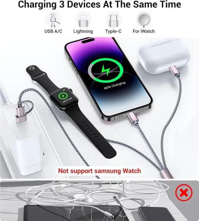 Alt view image 5 of 7 - JAENFONG for Travel Essentials 3 in 2 USB C Cable for Watch Charger/iPhone 16 Charger/Lightning Multi Charging Cable Cord Vacation Camping Essentials Portable Designed for iWatch &iPhone 16-12-4FT