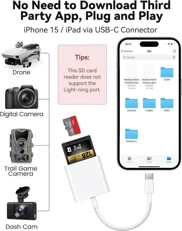 Alt view image 7 of 7 - JAENFONG USB C SD Card Reader for iPhone 15 16/iPad/MacBook/Mac USB-C Type C SD Reader Supports SD and MicroSD Memory Card Adapter Trail Camera Viewer Plug and Play - 2 Slots