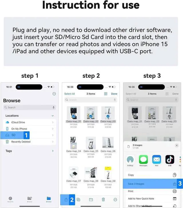 Alt view image 5 of 7 - JAENFONG USB C SD Card Reader for iPhone 15 16/iPad/MacBook/Mac USB-C Type C SD Reader Supports SD and MicroSD Memory Card Adapter Trail Camera Viewer Plug and Play - 2 Slots