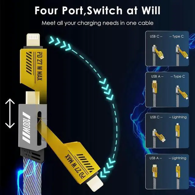 Alt view image 4 of 6 - 4 in 1 Charging Cable 2-Pack 100W USB C to Lightning Cable 6FT Fast Charging [480Mbps] Flat Nylon Braided Charger Cord with Lightn-ing/USB C/USB A Port for iPhone iPad & More