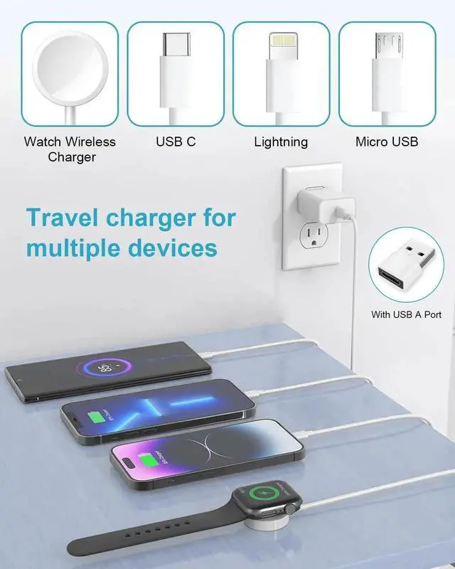 Alt view image 3 of 7 - Upgraded 2Pack 4 in 2 Multi Charging Cable for Wireless Watch Charger for iWatch 9/8/7/6/5/SE/Ultra 4FT iWatch Charger iPhone Fast Charging Cable Cord for iPhone 15/14/13/12/11/X/SE iPad Android