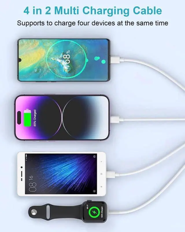 Alt view image 5 of 7 - Upgraded 2Pack 4 in 2 Multi Charging Cable for Wireless Watch Charger for iWatch 9/8/7/6/5/SE/Ultra 4FT iWatch Charger iPhone Fast Charging Cable Cord for iPhone 15/14/13/12/11/X/SE iPad Android