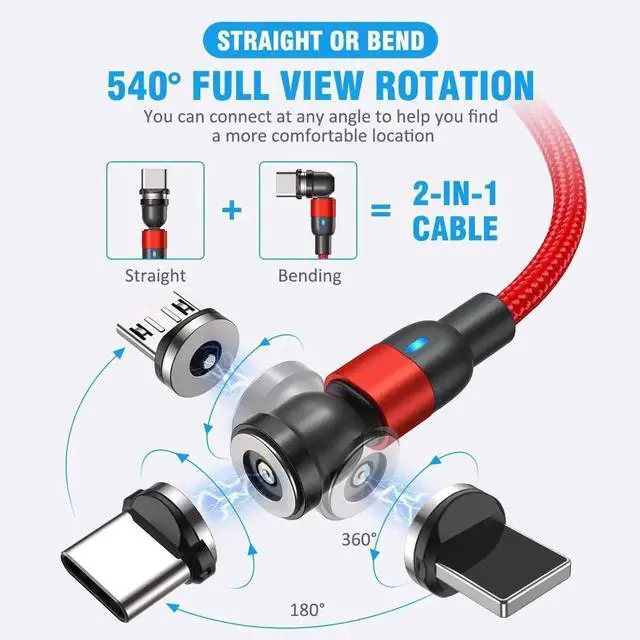 Alt view image 6 of 6 - 4 Pack 10ft Magnetic Charging Cable 540 Rotation Nylon Braided Type C & Micro USB Compatible