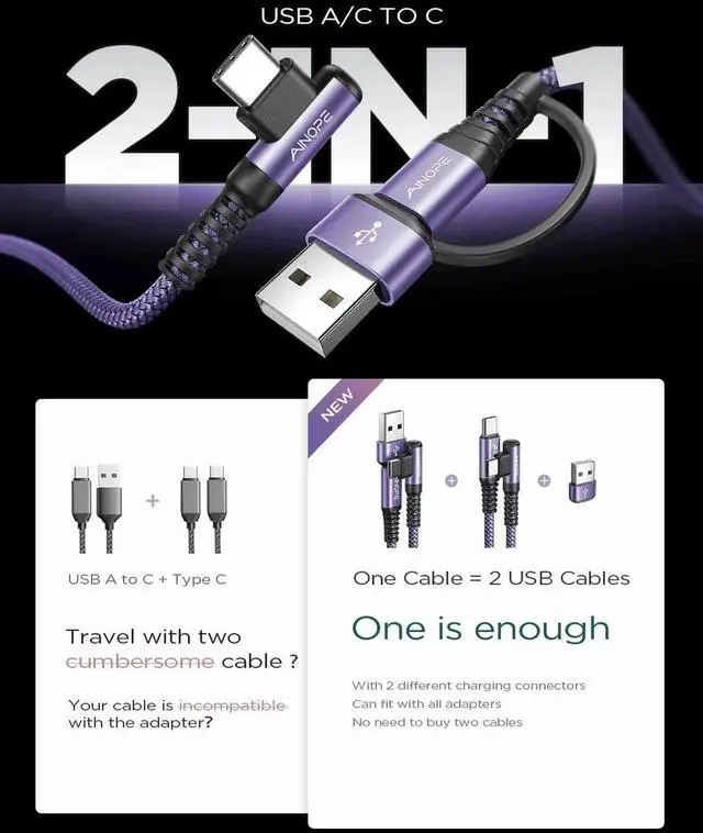 Alt view image 3 of 6 - USB C Cale for iPhone 16 Charger Cord 60W 4 in 1 Charging Cable for iPad and USB C Devices Right Angle Type C Cord Carplay Cable Fit iPhone 16 Pro Series 2 Pack 6.6Ft Purple