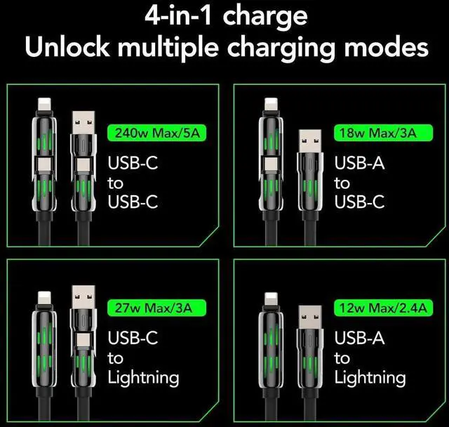 Alt view image 3 of 7 - 4-in-1 Coiled Universal USB Charging Cable -MAX 240W Fast Charging/Charger Cord with Multi USB Port for iPhone 16/15 14 13 iPad MacBook iPad Tablets and More (Black Coiled 6Ft)