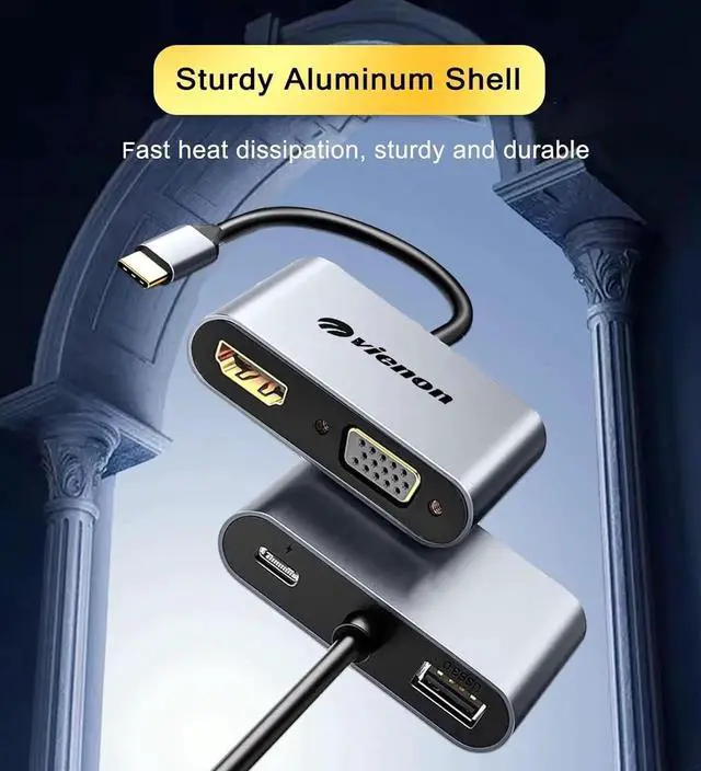 Alt view image 7 of 7 - JAENFONG VIENON USB C to HDMI VGA Adapter for Dual Monitor 4 in 1 USB C Hub with 4K HDMI 1080P VGA USB 3.0 5Gbps 100W PD Compatible for MacBook Air/Pro XPS Surface iMac More