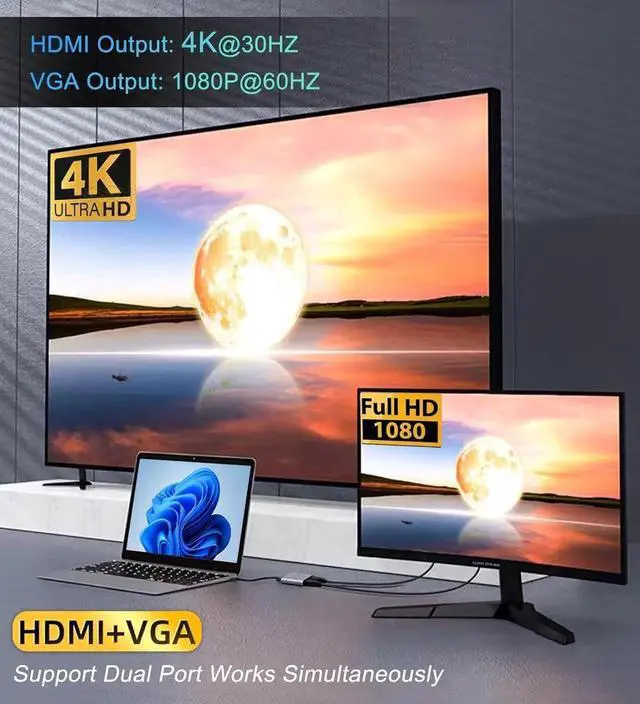 Alt view image 4 of 7 - JAENFONG VIENON USB C to HDMI VGA Adapter for Dual Monitor 4 in 1 USB C Hub with 4K HDMI 1080P VGA USB 3.0 5Gbps 100W PD Compatible for MacBook Air/Pro XPS Surface iMac More