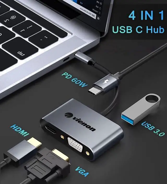 Alt view image 3 of 7 - JAENFONG VIENON USB C to HDMI VGA Adapter for Dual Monitor 4 in 1 USB C Hub with 4K HDMI 1080P VGA USB 3.0 5Gbps 100W PD Compatible for MacBook Air/Pro XPS Surface iMac More