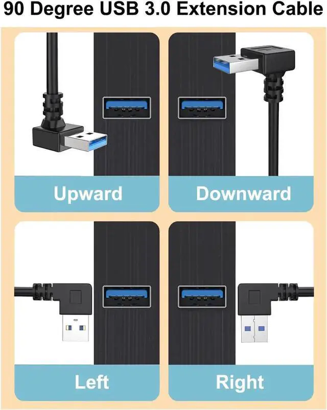 Alt view image 6 of 6 - JAENFONG 90 Degree USB 3.0 Extension Cable (4 Pack) Vertical Up and Down Angle Horizontal Left and Right Angle USB Male to Female Extender Cord (Black 30CM)