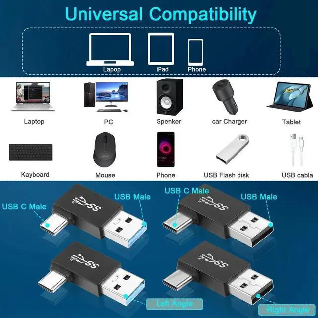Alt view image 6 of 7 - JAENFONG 90° Angle USB3.1 Male to USB C Male Charging Adapter 10Gbps USB3.1 Plug to USB C Plug L Angle Data Connector QC60W/PD15W (only A to C) for Wall Charger PC Laptop 4Pcs (2 Left+2 Right)