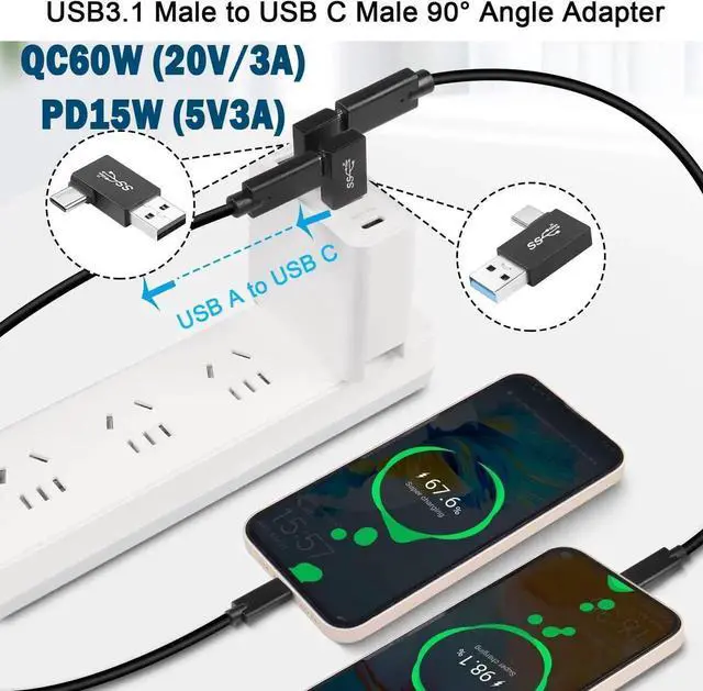 Alt view image 5 of 7 - JAENFONG 90° Angle USB3.1 Male to USB C Male Charging Adapter 10Gbps USB3.1 Plug to USB C Plug L Angle Data Connector QC60W/PD15W (only A to C) for Wall Charger PC Laptop 4Pcs (2 Left+2 Right)