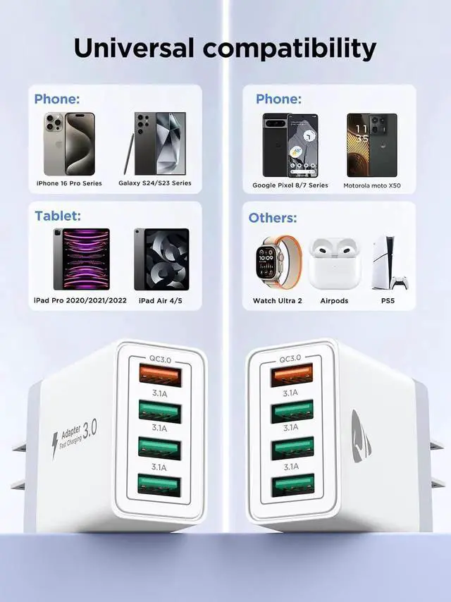 Alt view image 4 of 6 - USB Wall Charger Block 2-Pack 40W 4-Port USB Cube Power Adapter Plug Multiport Charging Blocks Box Brick for iPhone 16 15 14 13 12 11 Pro Max XR Xs Max 8 7 6 Plus LG Moto Android Phones