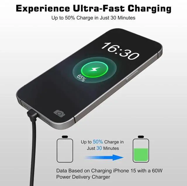 Alt view image 6 of 7 - JAENFONG USB C Cable Right Angle 90° Short Connector Charger (6ft 60W) USB C to USB C for iPhone 15 Galaxy S23 MacBook Pro 2020 iPad Pro iPad Air 4 Pixel Switch Enhanced Gaming Comfort