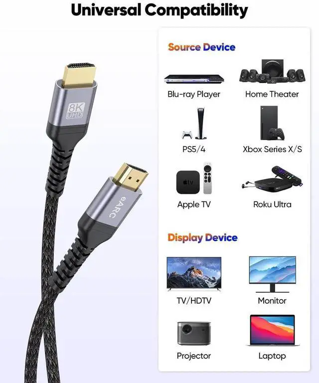 Alt view image 3 of 7 - JAENFONG 8K HDMI ARC/eARC Cable for Soundbar to TV 3.3FT eARC HDMI Cable 2.1 48Gbps Ultra High Speed HDMI Cord Dolby Atmos 8K@60Hz 4K@120Hz HDR 3D HDCP2.3&2.3 for Vizio Sono Sound bar