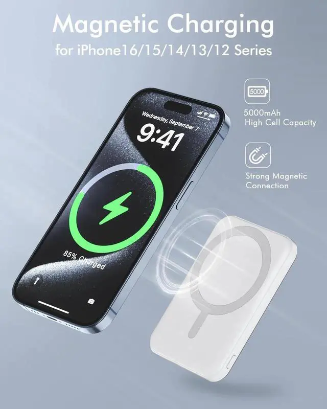 Alt view image 5 of 7 - for Magsafe Battery Pack 5000mAh Magnetic Power Bank with Type-C Cable 20W PD Fast Charging Lighting Input Wireless Portable Charger for iPhone 16/15/14/13/12/ All Series-White