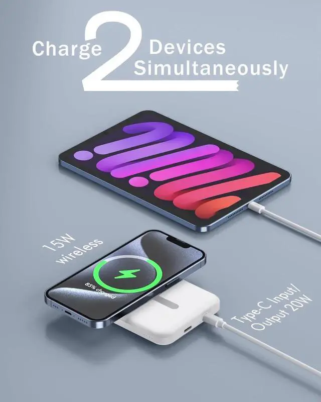 Alt view image 7 of 7 - for Magsafe Battery Pack 5000mAh Magnetic Power Bank with Type-C Cable 20W PD Fast Charging Lighting Input Wireless Portable Charger for iPhone 16/15/14/13/12/ All Series-White