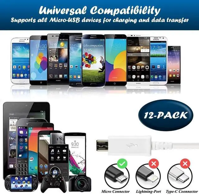 Alt view image 4 of 7 - [12-Pack Micro USB Cable Multi Pack Bulk Lot - 1 M/3.3 ft Charging Data Sync Fast Micro USB to USB A Cord for Galaxy S7 S6 Edge J7 S5 Note 5 4 LG 4 K40 K20 Kindle PS4 Xbox Tablet