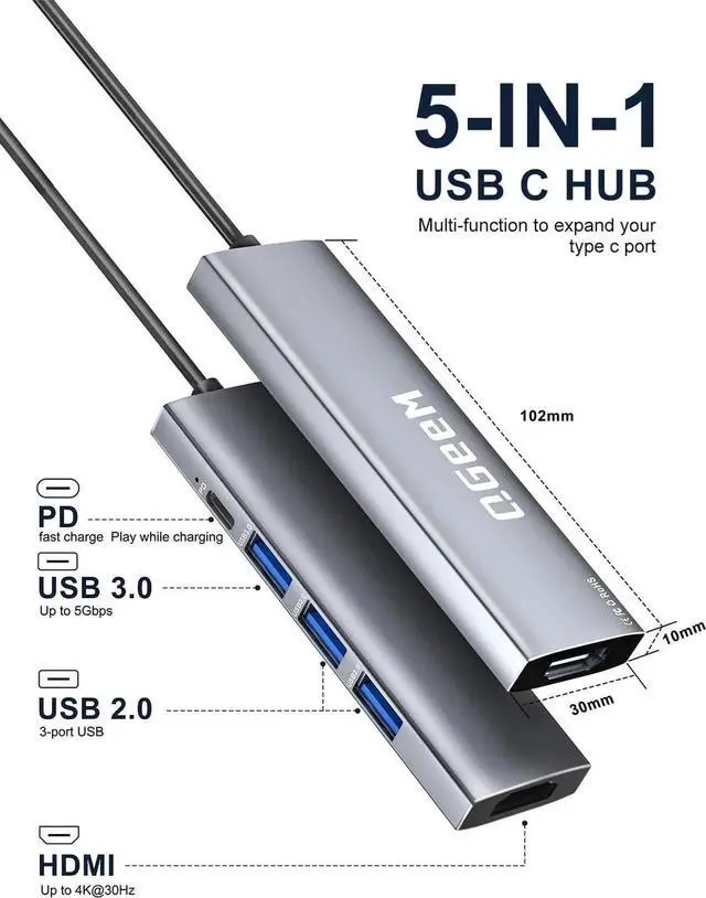 Alt view image 4 of 7 - JAENFONG USB C Hub 5 in 1 MultiPort to 4K HDMI Adapter 3 USB-A Data Ports 100W Power Delivery USB C Dongle for MacBook Pro/Air iPad Pro iMac iPhone 15 Pro/Pro Max XPS Thinkpad etc.