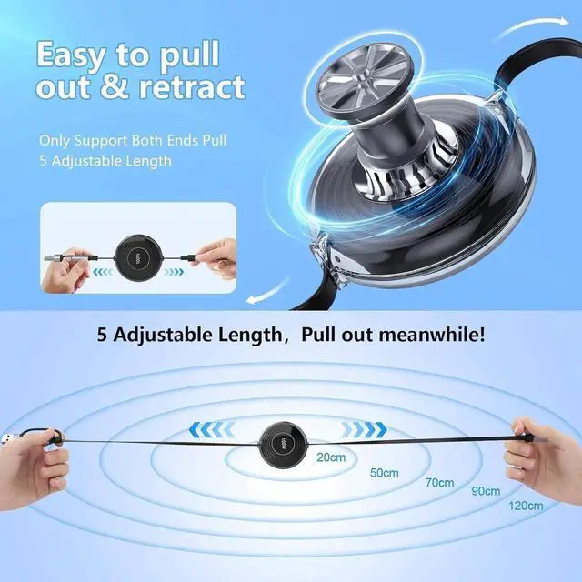 Alt view image 7 of 7 - Retractable 100W Galaxy Watch Charger Fast Charge Cable - Multi 3-in-2 USB C/A to Lightning+USB C for Watch 6/5/4/3/2/Pro/Active iPhone 15/14/13/12 S24/23/S22