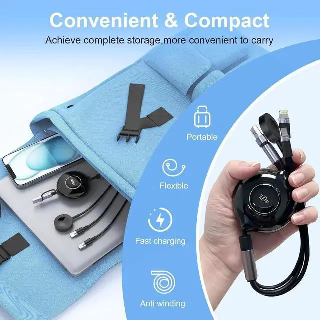 Alt view image 3 of 7 - Retractable 100W Galaxy Watch Charger Fast Charge Cable - Multi 3-in-2 USB C/A to Lightning+USB C for Watch 6/5/4/3/2/Pro/Active iPhone 15/14/13/12 S24/23/S22